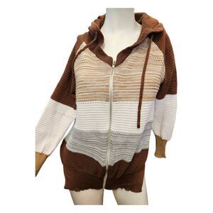 Ribbed Hooded Sweatshirt Womens Size Large Tan Brown White Stripes